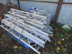 2 X PALLETS OF ALUMINIUM LATTICE BEAM STAGE/MAST SECTIONS WITH BASE PLATES ETC AS SHOWN. SOURCED FR