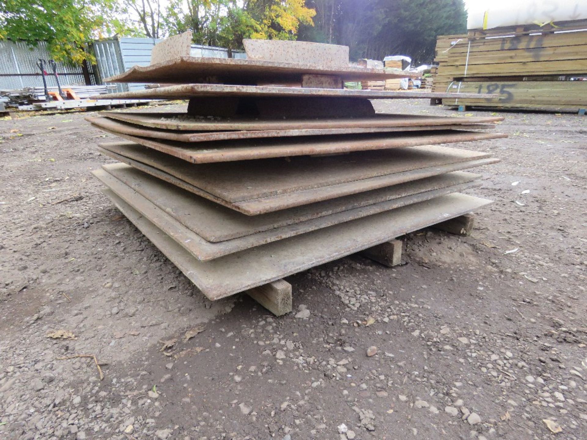10 X HEAVY STEEL ROAD PLATES: MAJORITY ARE 1M X 1M APPROX .