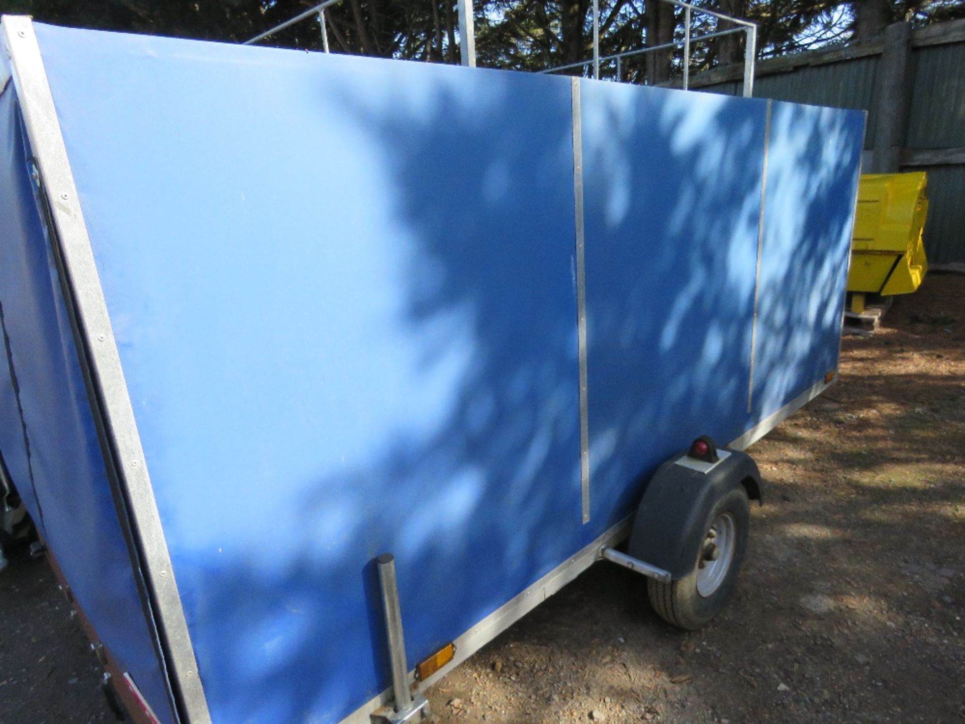 SINGLE AXLED TRAILER WITH SHEET COVER, 12FT X 5FT APPROX. POSSIBLY DESIGNED FOR CANOE TRANSPORT??