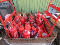 STILLAGE OF ASSORTED FIRE EXTINGUISHERS AND STANDS.