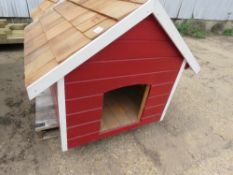 DOG KENNEL, UNUSED, RED WITH SHINGLE CLAD ROOF. 95CM X 120CM APPROX. THIS LOT IS SOLD UNDER THE A