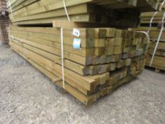 LARGE PACK OF MIXED TREATED TIMBER BATTENS: 2.4-2.7M LENGTH, 75MM X 60MM AND 55MMX45MM APPROX. 120NO