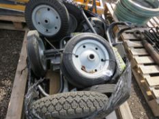 PALLET OF BARROW GENERATOR WHEELS AND AXLES PLUS A GALVANISED SMALL TRAILER AXLE.