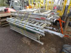 LARGE QUANTITY OF ALUMINIUM SCAFFOLD TOWER PARTS INCLUDING BOARDS, BARS AND FRAMES. THIS LOT IS S