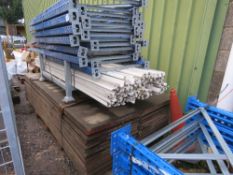 LARGE QUANTITY OF LIGHTYWEIGHT RACKING WITH SHELF TIMBERS. COMPRISING 13NO 2M HEIGHT UPRIGHTS, PLUS