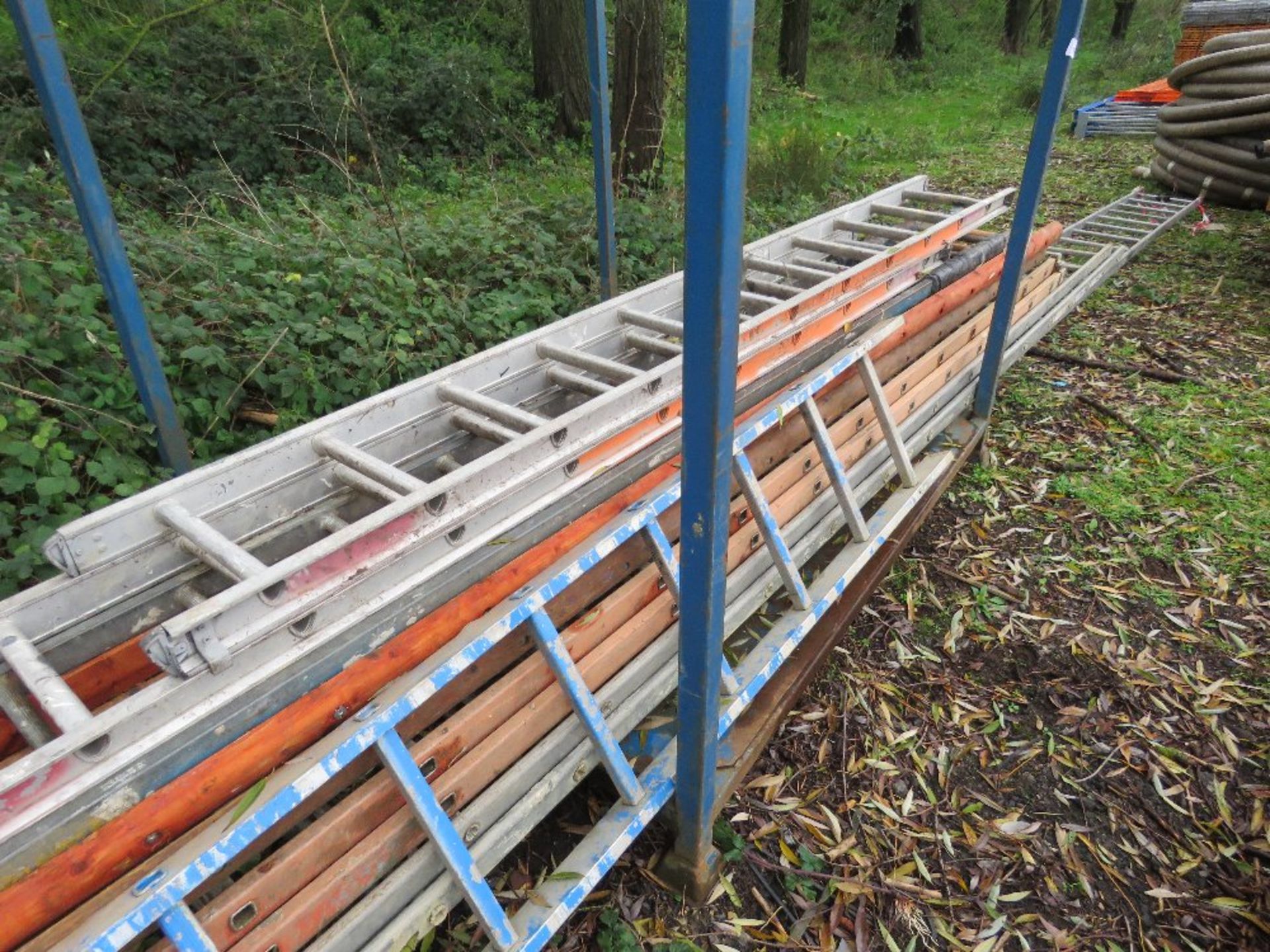 STILLAGE CONTAINING ASSORTED LADDERS 8FT - 24FT LENGTH APPROX.