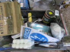 BOX OF BUILDING SUNDRIES: TOOLS, VARNISH ETC. SOURCED FROM COMPANY LIQUIDATION.