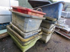 12 X PLASTIC MUCK SKIPS PLUS A ROAD SIGN.