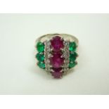 Platinum ruby, emerald and diamond ring