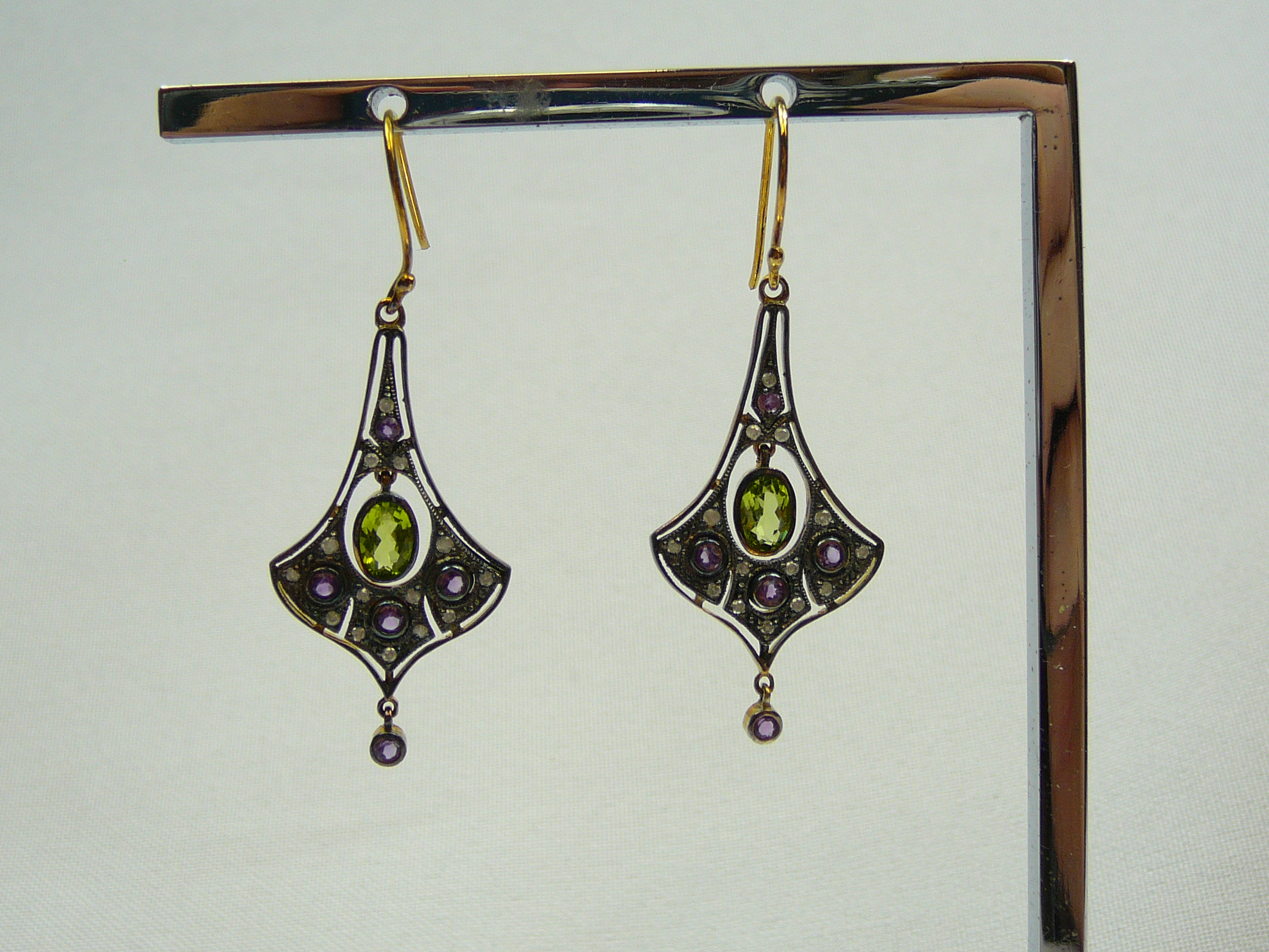 Pair of gilt silver peridot, diamond earrings