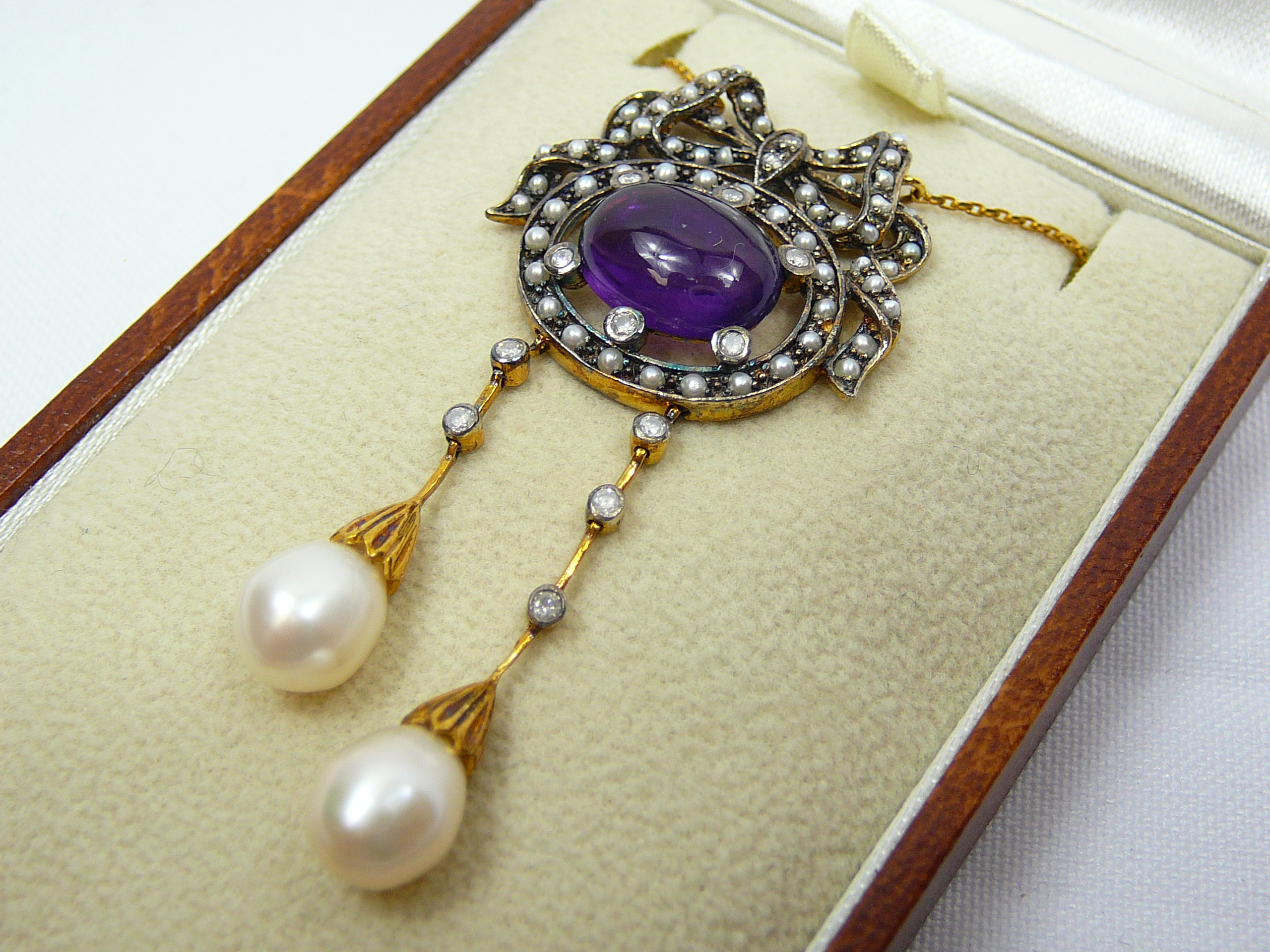 Gold and silver amethyst, pearl and diamond necklace