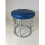 A metal framed stool with blue leather cushion. W:42cm x D:42cm x H:45cm