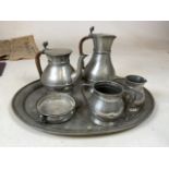 Manor Period Sheffield beaten pewter. A six piece set to include coffee and tea pots with acorn