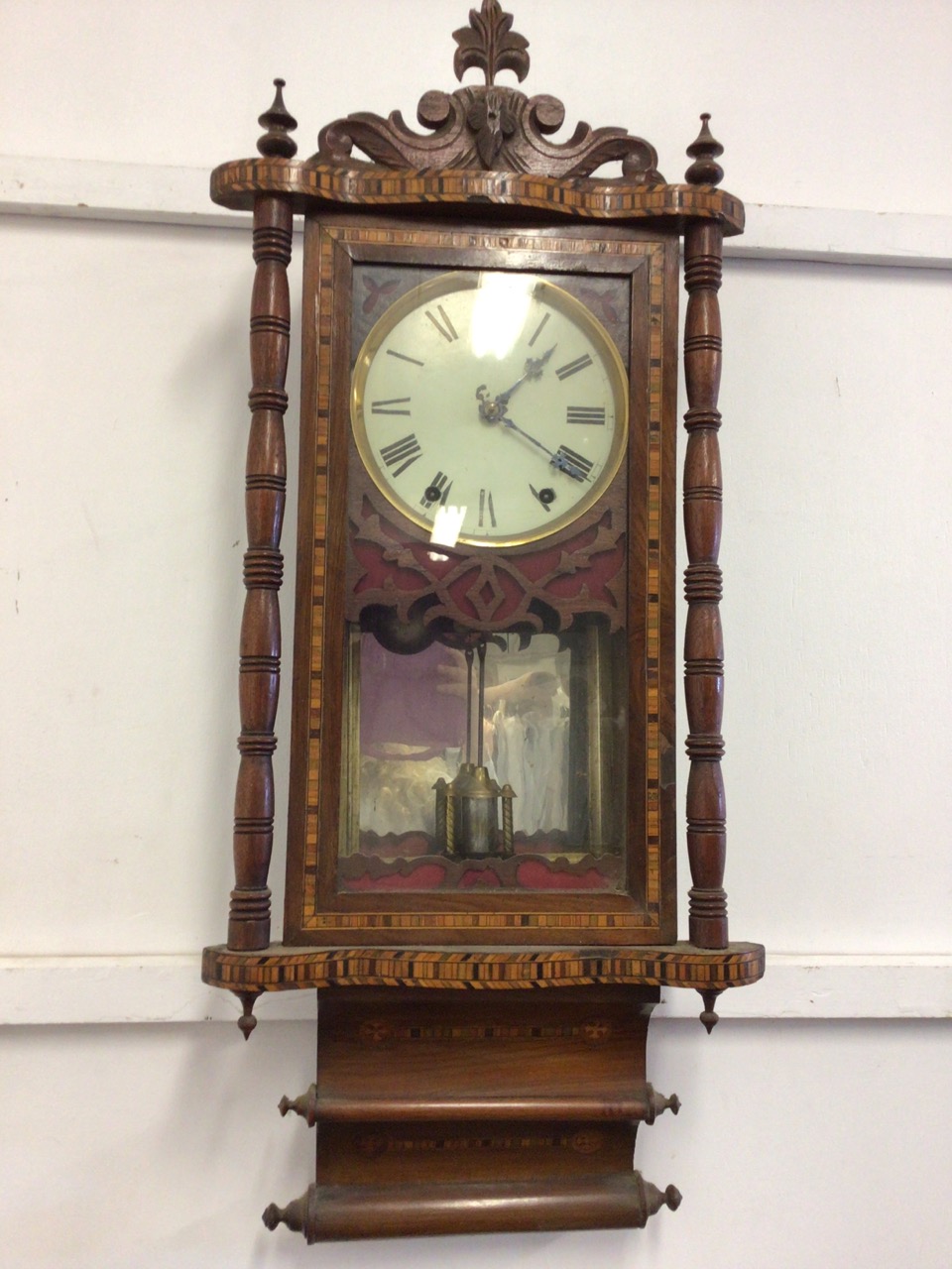 A Tunbridge ware inlaid hanging wall clock. W:39cm x D:14cm x H:93cm - Bild 5 aus 5