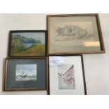 Four original works of art, pencil sketch, two watercolours and an oil.