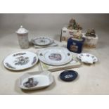 Four Lilliputian Lane buildings together with two Beatrix Potter plates, Wedgwood Jasper trinket