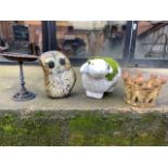 A Heavy stone hand painted owl garden ornament also with a pottery sheep with moss, bird bath and