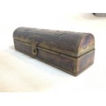A Small dome topped box with brass bound edges and decoration. W:18cm x D:5cm x H:6cm