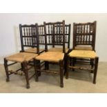 A set of six 18th century country oak rush seated dining chairs. Seat height H:43cm