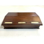 A small oak early 20th century double hinged pen box with two glass inkwells with three ivory colour