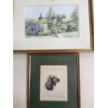 A Garden watercolour on paper in gilt frame also with an etching of a setter signed Alice Barnwell.