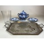 Copeland late Spode turine a large plated tray and sugar nips also with a large glass vase.