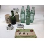 Glass codd bottles also with a marmalade jar, a pot lid and other items