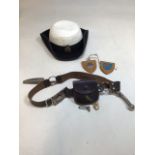 Girl Guide interest. A vintage Sea Rangers hat, a leather belt with Guide knife, badge and pouch,