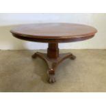 A Circular mahogany breakfast table on large pedestal base with large lion feet. (A.f some signs