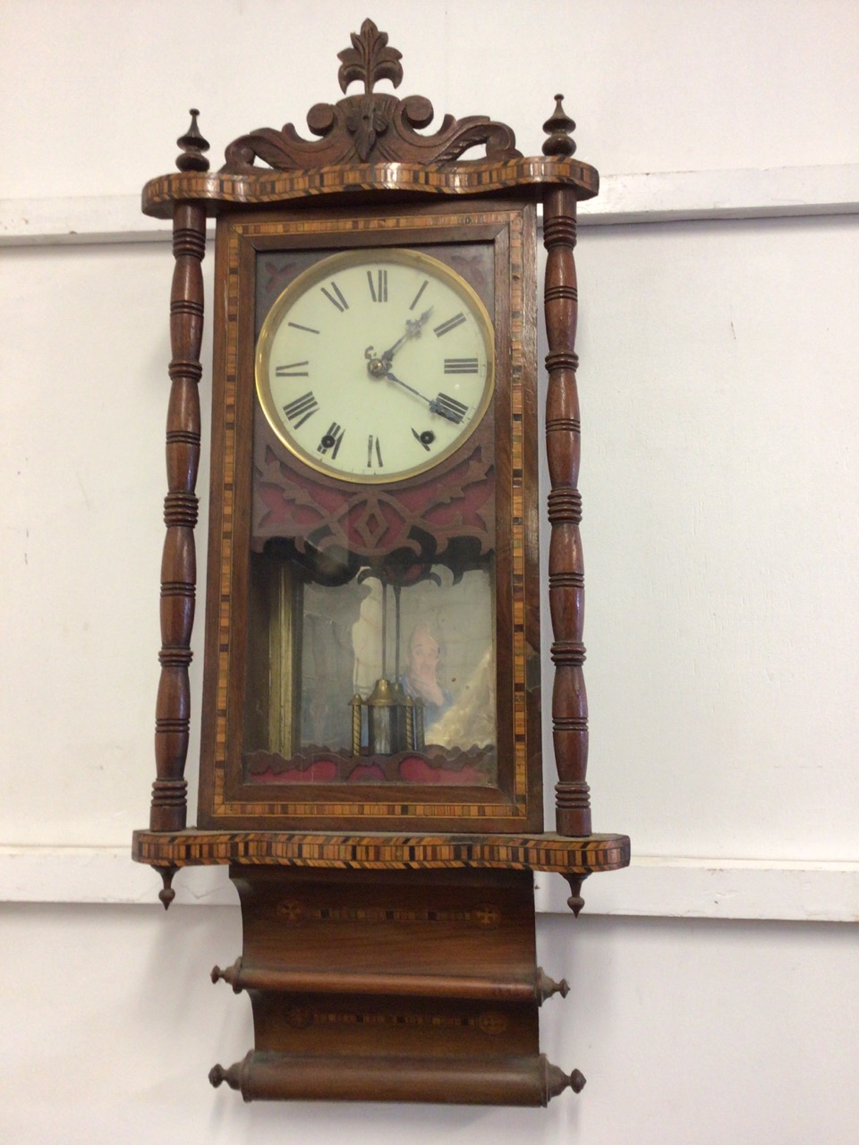 A Tunbridge ware inlaid hanging wall clock. W:39cm x D:14cm x H:93cm - Bild 3 aus 5