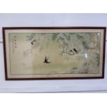 A large oriental painting on material of swallows and a blossom trees. W:125cm x H:65cm