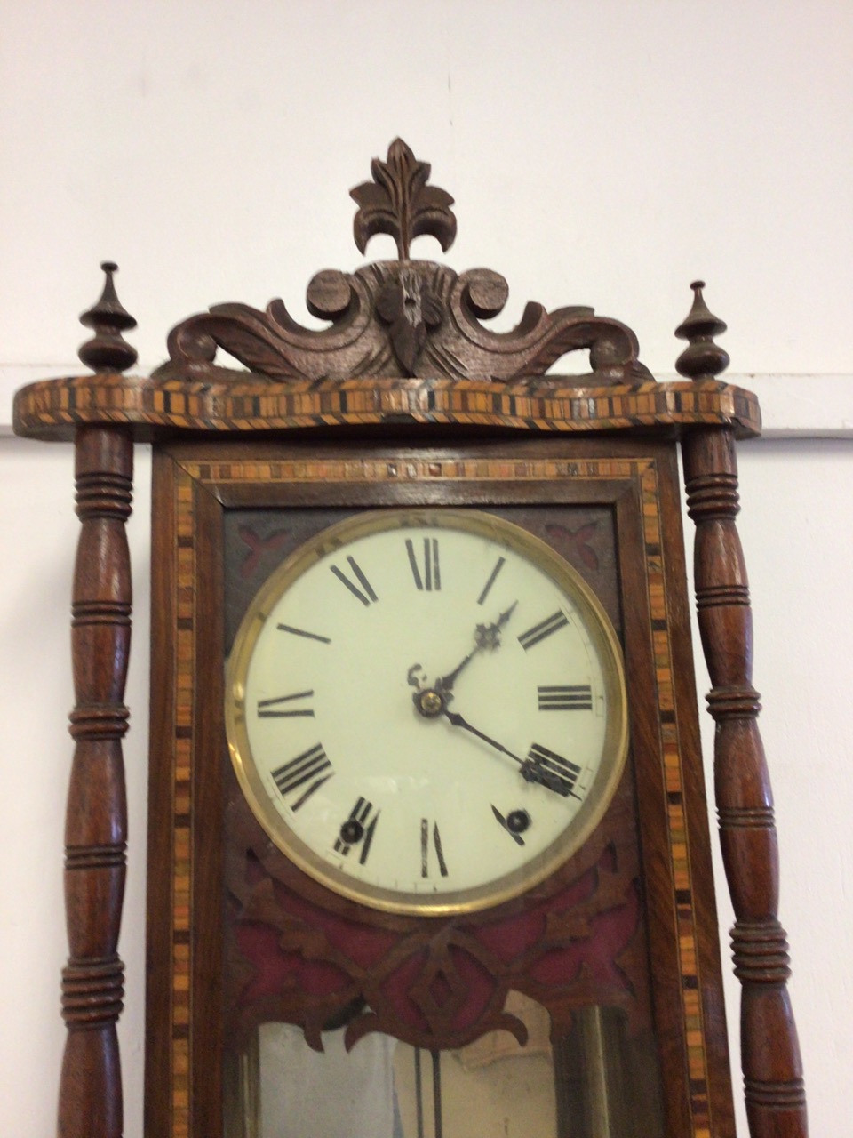 A Tunbridge ware inlaid hanging wall clock. W:39cm x D:14cm x H:93cm - Bild 2 aus 5