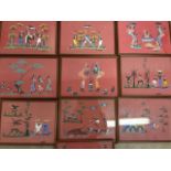 A Series of ten African paintings on coloured paper in wooden frames. W:33cm x H:25cm