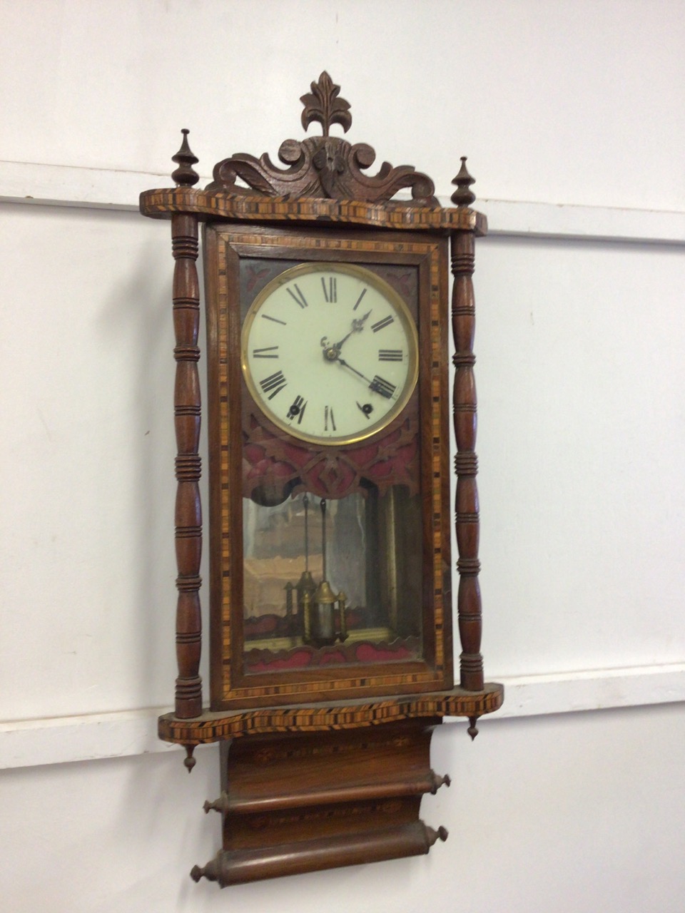 A Tunbridge ware inlaid hanging wall clock. W:39cm x D:14cm x H:93cm