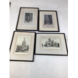 Four framed and glazed black and white etchings, signed in pencil. Two of churches, Norwich