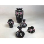 Vintage Shelley vases and jug - 5 pieces, black and white with pink rose decoration