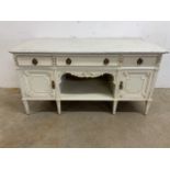 A Large marble topped wash stand. Marble above three drawers and two cupboards with open shelf.(A.