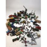 A quantity of well used Dinky, Meccano, Lesley cars, planes soldiers and accessories, includes an