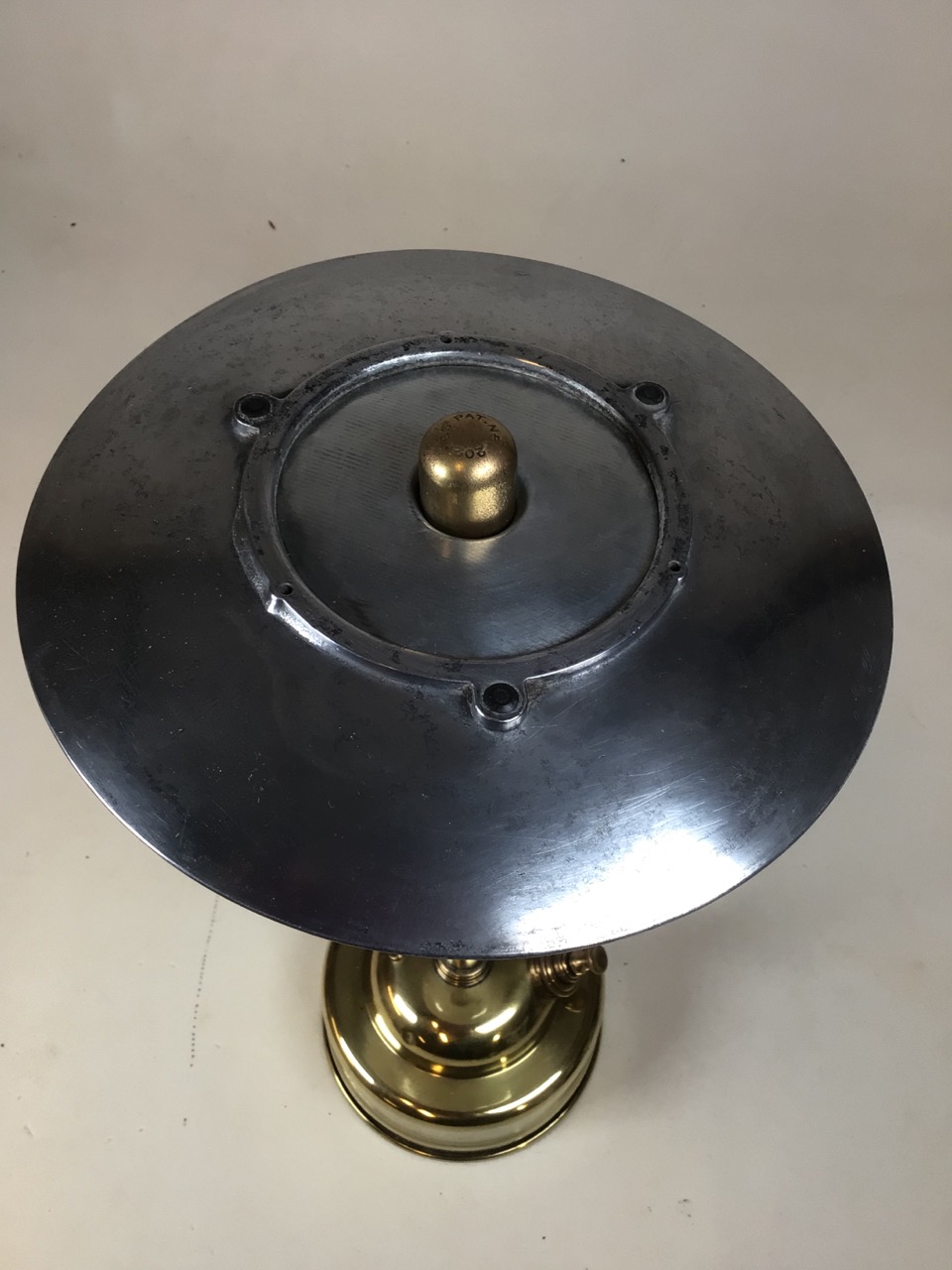 A Vintage brass Pork Pie Tilly lamp with long stem and white glass shade H:54cm - Image 5 of 7