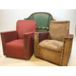 Two Art Deco apprentice armchairs, one upholstered in fabric, the other in vinyl, also with a