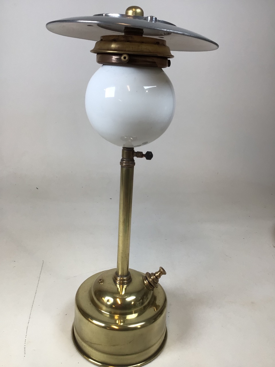 A Vintage brass Pork Pie Tilly lamp with long stem and white glass shade H:54cm - Image 6 of 7