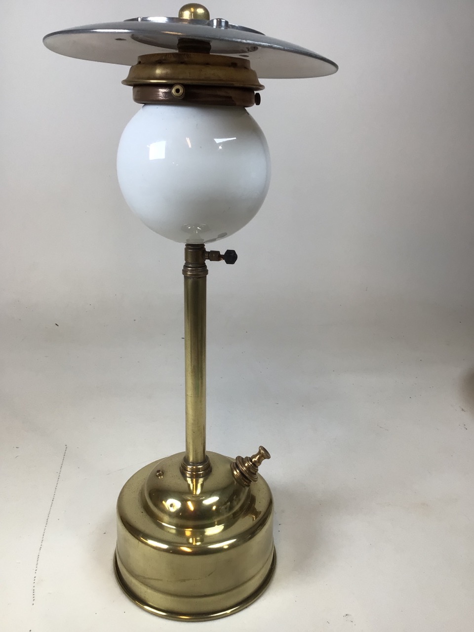 A Vintage brass Pork Pie Tilly lamp with long stem and white glass shade H:54cm - Image 7 of 7