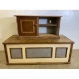 A Large painted pine storage box also with a small pine cupboard. Pine storage W:134cm x D:59.5cm