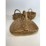 Three vintage wicker items, flower trug and two baskets. W:55cm x D:49cm x H:34cm