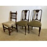 A Pair of Edwardian parlour chairs with green upholstery seat also with an oak turned chair. H:48cm