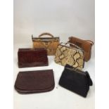 A 1930s snake skin bag with and internal purse, a skin shoulder bag, a leather lined skin bag, a