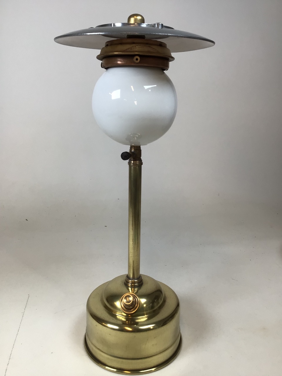 A Vintage brass Pork Pie Tilly lamp with long stem and white glass shade H:54cm - Image 2 of 7