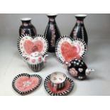 Three black and pink Crown Ducal vases ( 2 A/f) also with Alexander Ceramics black and pink teapots,