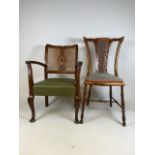 A Mahogany arts and crafts style bedroom side chair also with a mid century leather seated chair