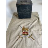 A military embroidered antimacassar also with a case transit box.
